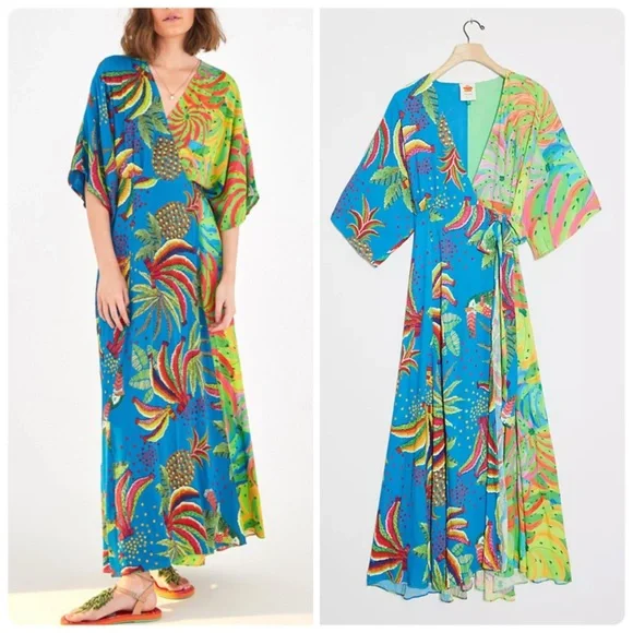 knee length dresses for ladies Green Tropical Dream Draped Organic Cotton Maxi Dress main image 1